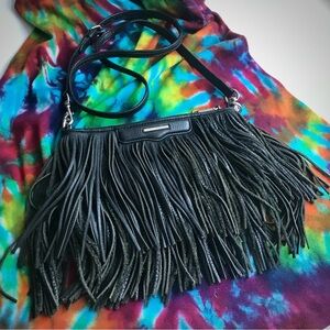 Rebecca Minkoff Purse Finn Black Leather Suede Fringe Clutch Crossbody Bag